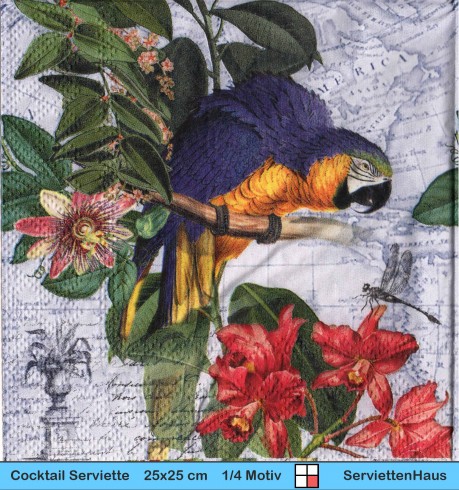 Papagei Ara mit Libelle und Blumen - 1 Cocktail Serviette